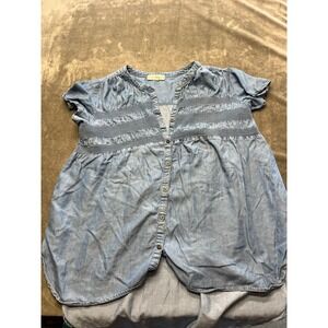 Knox‎ Rose Denim Blue Smocked Button Front Short Sleeve Tunic Top Mens XL